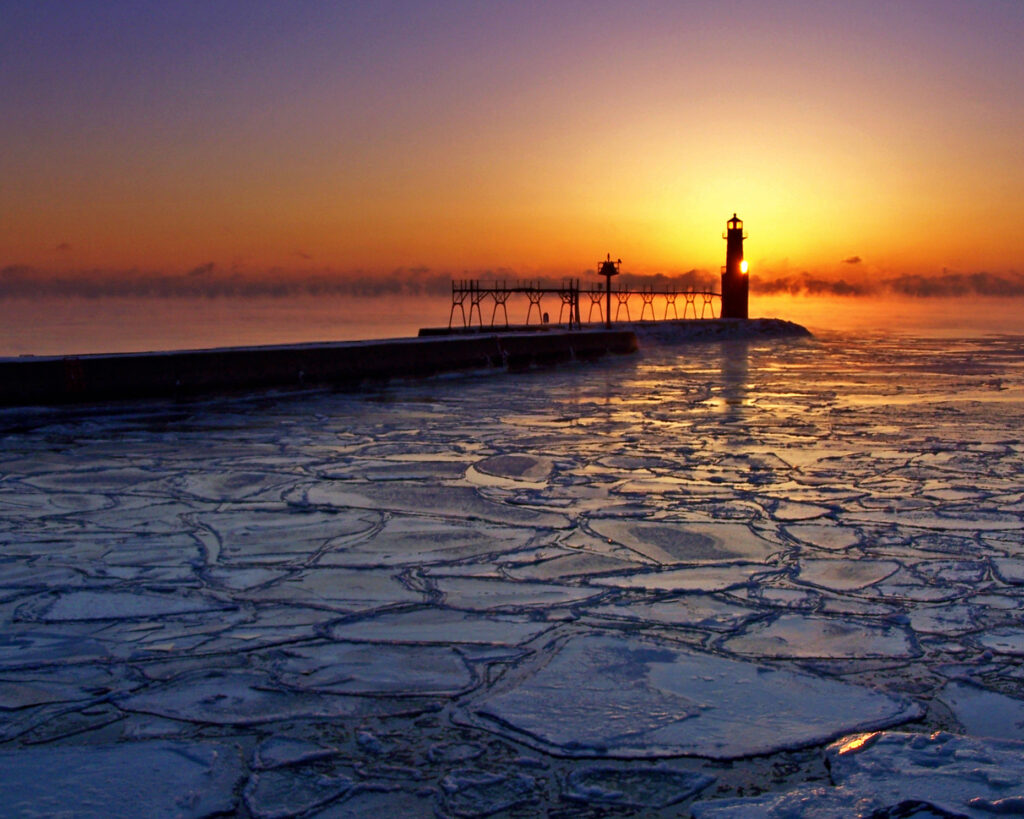Ice, Sunrise, Lighthouse, Algoma, Harbor