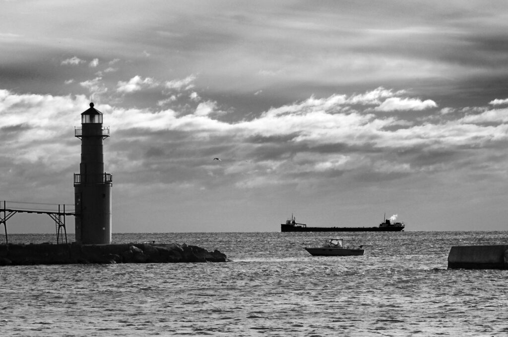 Monochrome, Lighthouse, Boat, Ship