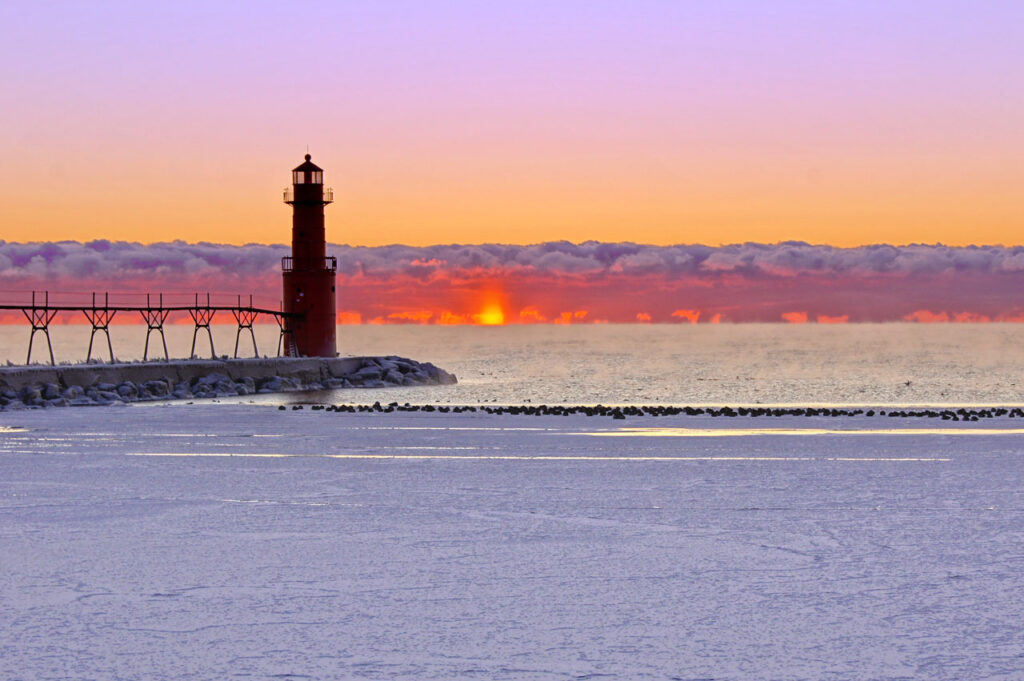 Algoma, Lighthouse, Sunrise, Ice
