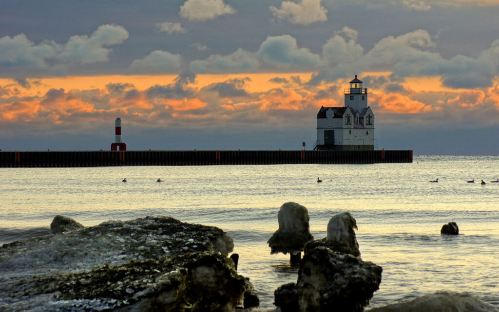 Winter, Cold, Lighthouse, Kewaunee, Sunrise
