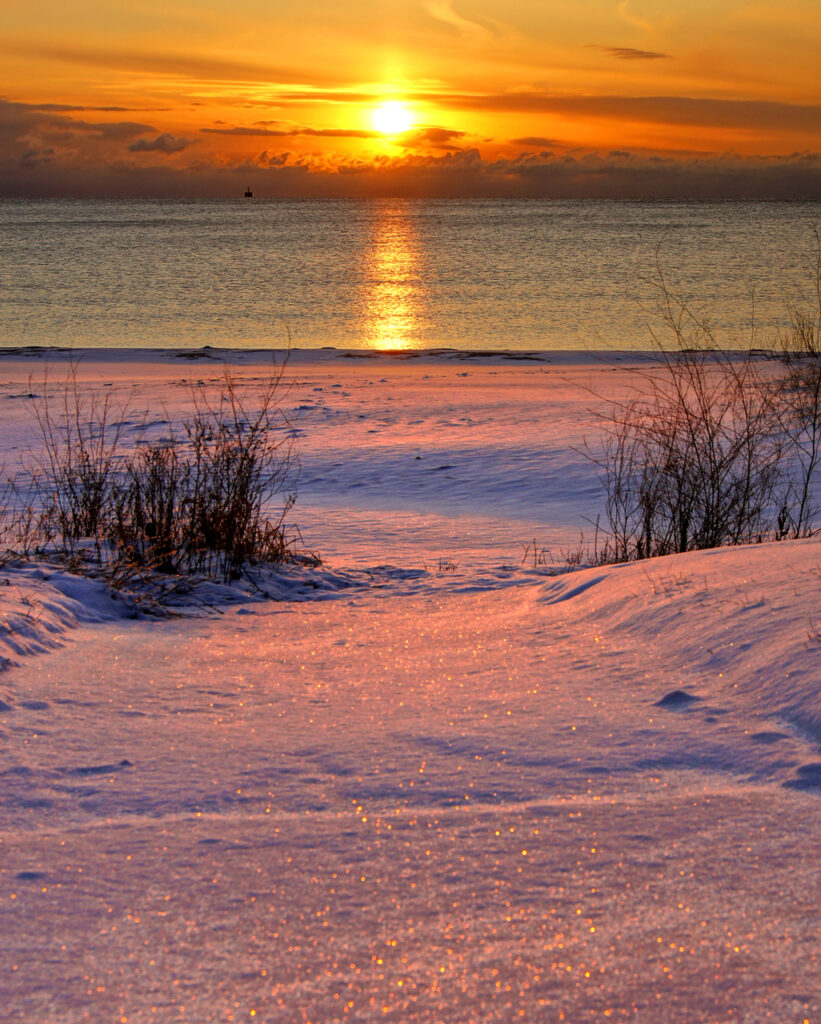 Sunrise, Winter, Beach, Snow, Lake Michigan