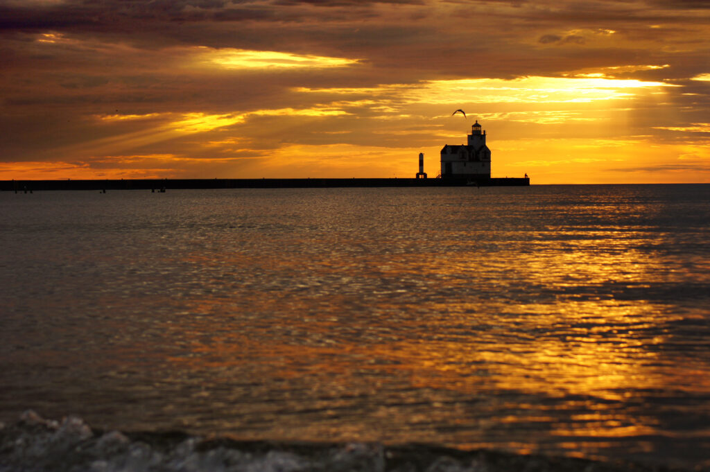 Sunrise, Reflection, Kewaunee, Lighthouse, Lake Michigan