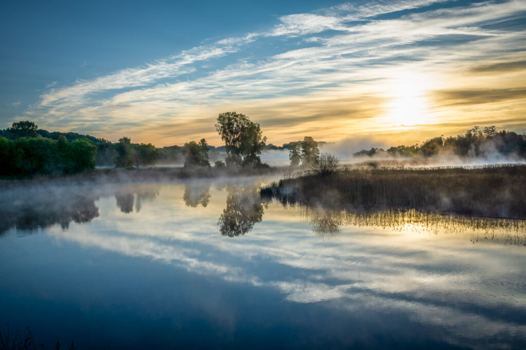 River, Mist, Fog, Sunrise, Kewaunee, Reflection